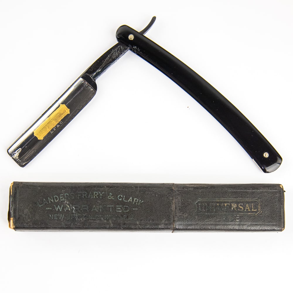 Landers Frary & Clark 349 Razor w/ Orig. Box: Vintage Straight Razor by Landers Frary & Clark, with black plastic scales. The face reads "Universal LF&C", Tang reads "Landers Frary & Clark Warranted New Britain, Conn. U.S.A.", and reverse is _. B