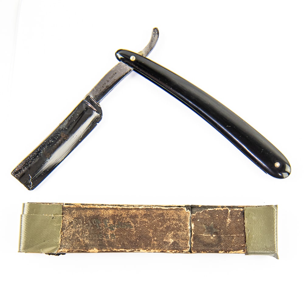 Sharp & Smith Sands Razor w/ Unorig. Box: Vintage Straight Razor by Sharp & Smith, with black plastic scales. The face reads "Sands", Tang reads "Sharp & Smith Chicago", and reverse is blank. Blade is in overall good condition, with beautiful