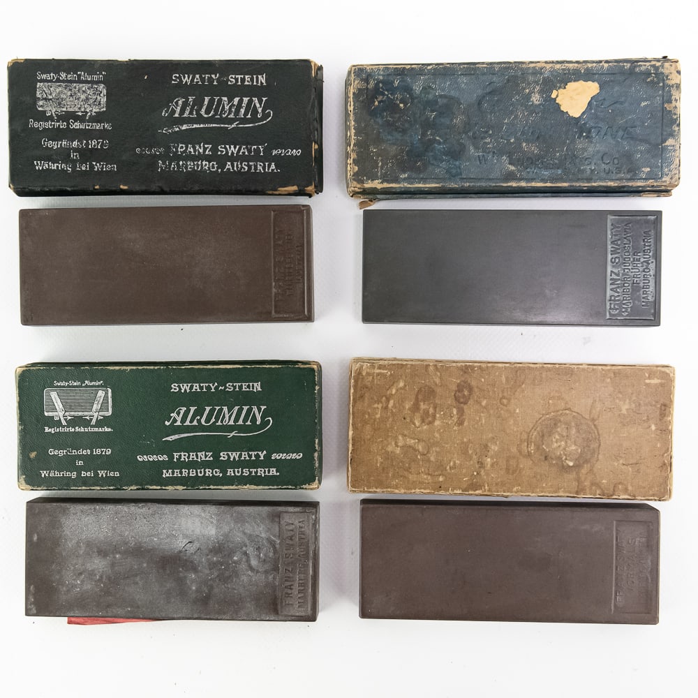(4) Swaty-Stein Razor Hones: (4) Swaty-Stein Hones, included are (2) Swaty-Stein "Alumin" in original boxes, one with directions, and other two appear to be in their non-original boxes. See photos and bid accordingly.