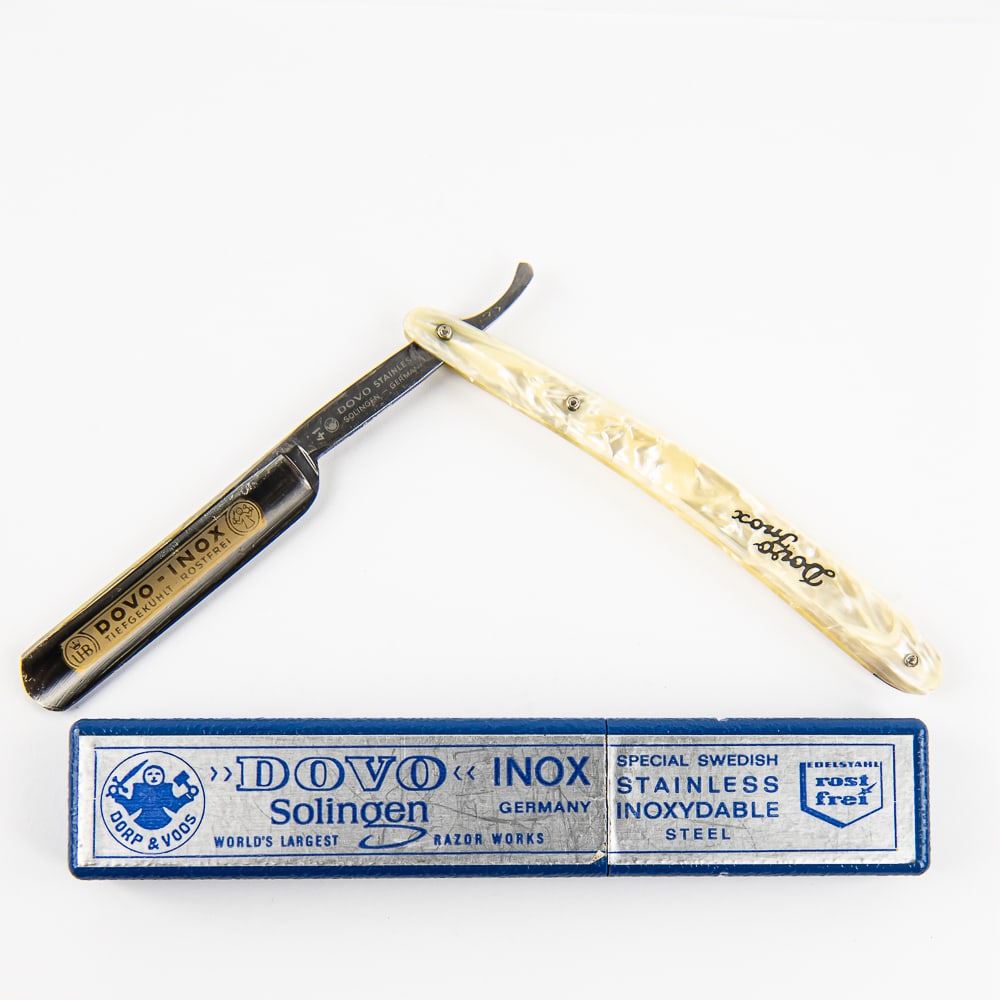 Dovo Inox 41 Straight Razor w/ Orig. Box: Vintage Straight Razor "Dovo-Inox" , with beautiful white pearly celluloid scales. The face is reads "Dovo-Inox Tiefgekuhlt Rostfrei" with golden graphic and logos, Tang reads "41 Dovo Stainless Solin