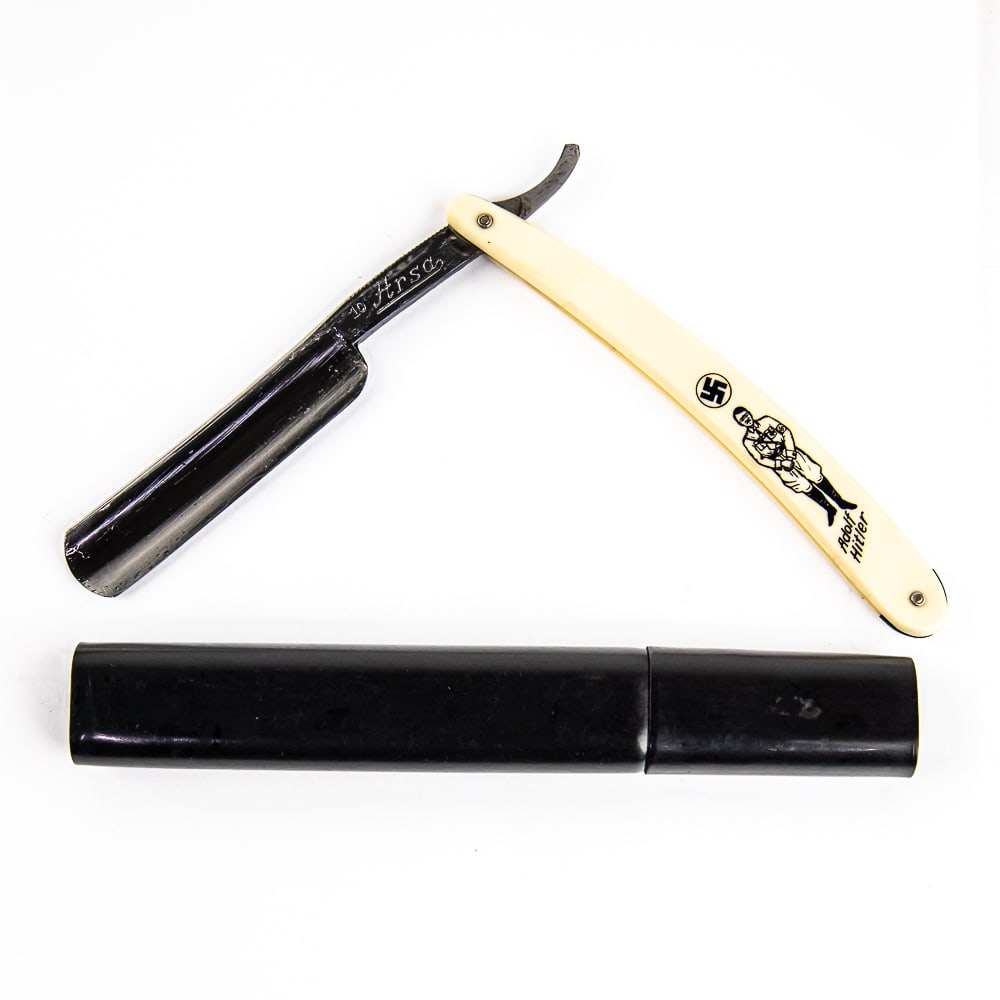 M. Sahler Hrsa 10 Razor w/ Unorig Case: Vintage Straight Razor "Hrsa 10" by M. Sahler, with unique white plastic scales, that have an image of Adolf Hitler in uniform, with swastika and "Adolf Hitler" printed below. The face is blank, Tang
