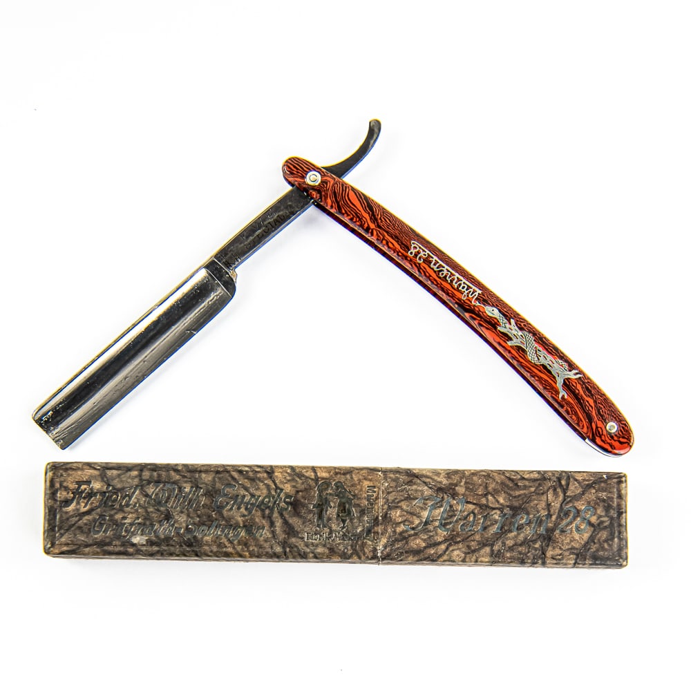 F. W. Engels Warren 28 Razor w/ Orig. Box: Vintage Straight Razor "Warren 28" by F.W. Engels, with faux wooden scales and metal snake with "Warren 28" pressed into side. The face is blank, Tang reads "F.W.E. Special" with logo, and reverse rea