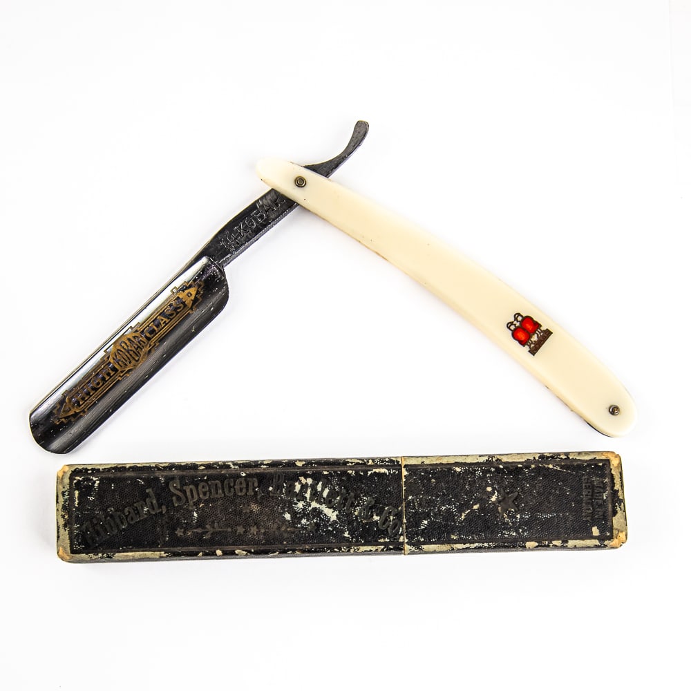 Kobar High Class Razor w/ Unorig. Box: Vintage Straight Razor "Kobar High Class", with white plastic scales and Kobar logo. The face has golden image that reads "Kobar High Class", Tang reads "KOBAR" w/ logo, and reverse reads "Solingen Ma