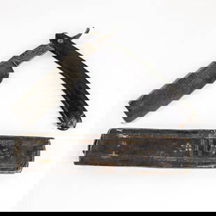 GB Anchor Large Blade Razor w/ Box: LARGE BLADE! Vintage Straight Razor, with black horn-like scales, with crack near wedge-pin, however is held together by small rope. The face is blank, Tang reads "GB" (George Brittain?) with anchor s