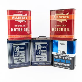 Vtg Allstate Silver Shield Korvette Motor Oil Cans