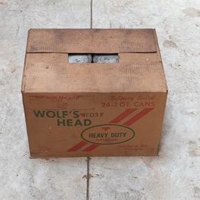 Case of Wolf's Head 40w Oil in Vintage Cans