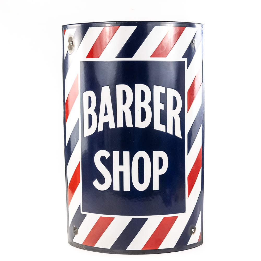 Convex Barber Shop Porcelain Advertising Sign: Vintage convex Barber Shop single sided porcelain advertising sign. Very good overall condition with bold glossy color with some signs of age and wear including corner (hole) and edge wear and chips o