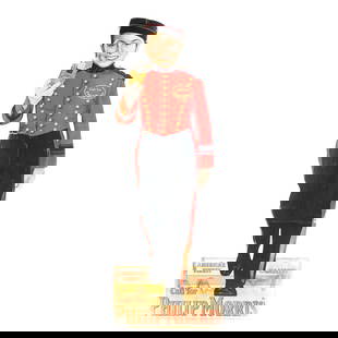 Philip Morris Bell Boy Cardboard Johnny Standee: Cardboard advertising standee of Johnny Roventini who was the spokesman for Philip Morris cigarettes. In overall good condition with some staining at the bottom and paper damage at the waist. It measu