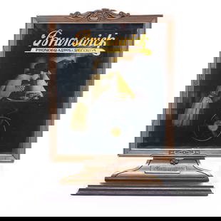 Brunswick Phonograph Hidden Image Ad Mirror: This store counter mirror is the only known example of a "hidden image" advertising mirror made by the Advertising Products Co. of Chicago which made interior advertising displays for national compani