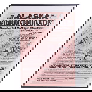 Alaska Klondike Gold Rush Framed Poster: Eye catching "All about Alaska Klondike Gold Fields & Wonderful Talking Machine" 24't x 18"l poster featured in 28"t x 22"w frame. Good overall condition with strong color with minor cosmetic blemishe