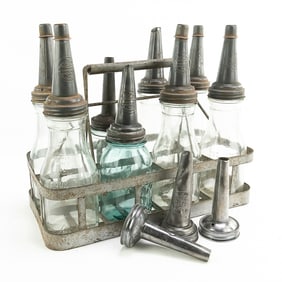 (8) Vintage Glass Oil Bottles w Nozzles & Basket