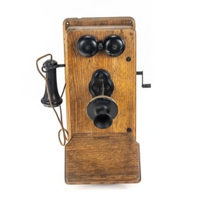 Small Oak "Kellogg" Hand Crank Wall Telephone