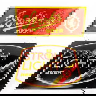 Pair of Stroh's Beer Lighted Advertising Signs: Collection showcases a pair of vintage Stroh's lighted advertising signs. 1980s Stroh's Beer red & yellow 10" x 4.5" x 23" lighted advertising sign with additional Stroh Light Beer red and yellow on b