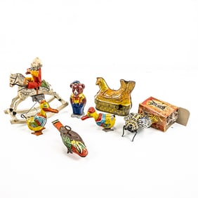 Vintage German Clown Wind Up Rocking Horse & More