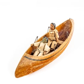 14" American Folk Art Carved Wooden Canoe