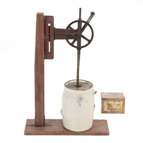 Lot of 2: Cast Iron/Wood Hand Crank Butter Churn