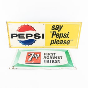 Lot of 2: Embossed Metal Pepsi & 7Up Signs