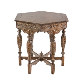Oak Octagon Highly Carved, Six Leg Side Table