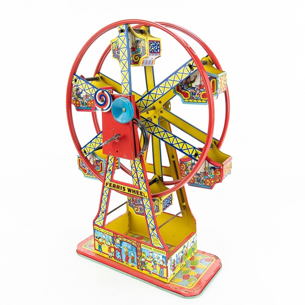 J. Chein Tin Litho Toy Ferris Wheel: Colorful wind up tin litho toy roller coaster made by J. Chein Co. of New Jersey. In overall good to VG condition with a few minor rust spots on the base. All cars are present and the wheel spins free