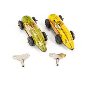 (2) 1947 Captain Marvel Tin Litho Wind Up Racers