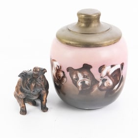 English Bulldog Art Glass Tobacco Jar & Lighter