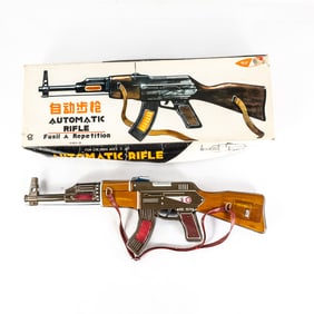 Vintage QSH Tin Litho AK-47 Toy Rifle with Box