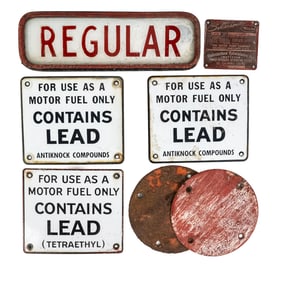 Lot of 7: Vintage Gas Pump Items, ID Tag, Signs