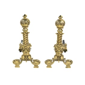 Ornate Pair Fireplace Brass Andirons, Lion Heads