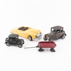 (2) Vintage Cast Iron Ford Model T Toy Car & Wagon