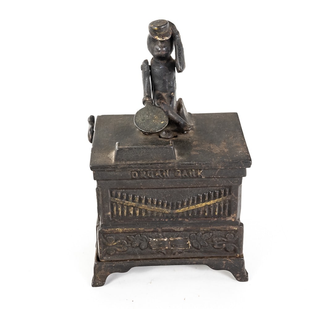 1882 Kyser & Rex Mechanical Organ & Money Bank: Hard to come by cast iron Organ mechanical bank with Monkey by Kyset & Rex pat'd May 31 1881. Eye catching example perfectly accented with gilded highlights; turn crank to ring bells as monkey deposit