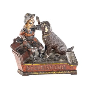 1885 Speaking Dog Red Dress Mechanical Bank