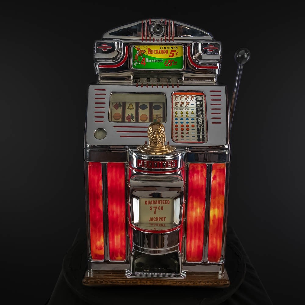 RARE! 5 Cent Jennings "Buckaroo" 4 Reel Slot: RARE! 1950's 5 cent Jennings Buckaroo light up 4 reel slot machine. Fully restored. From Ted London's personal collection. Plays and pays properly. Original back door, original cash box, lock and 2 ke