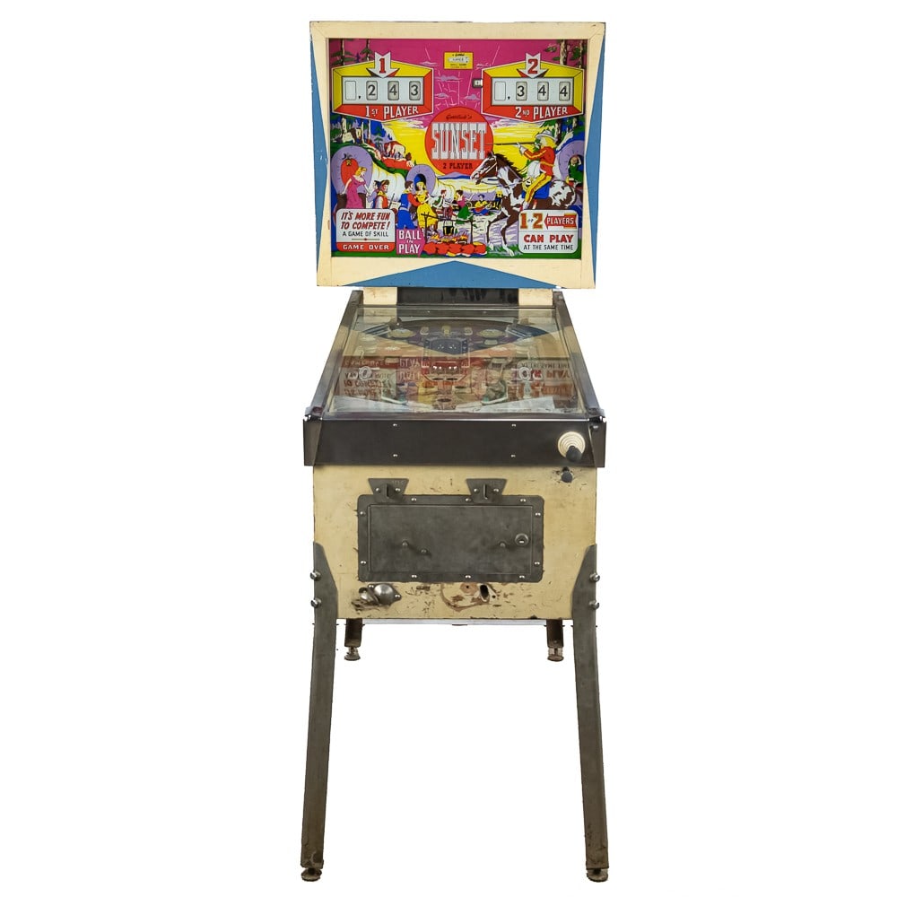 1962 Gottlieb Sunset Pinball Machine: 2 player electro mechanical 1962 Sunset by D. Gottlieb & Co. of Chicago. The game features Western-themed artwork on the back glass and playfield. The painted cabinet is in good condition with the exc