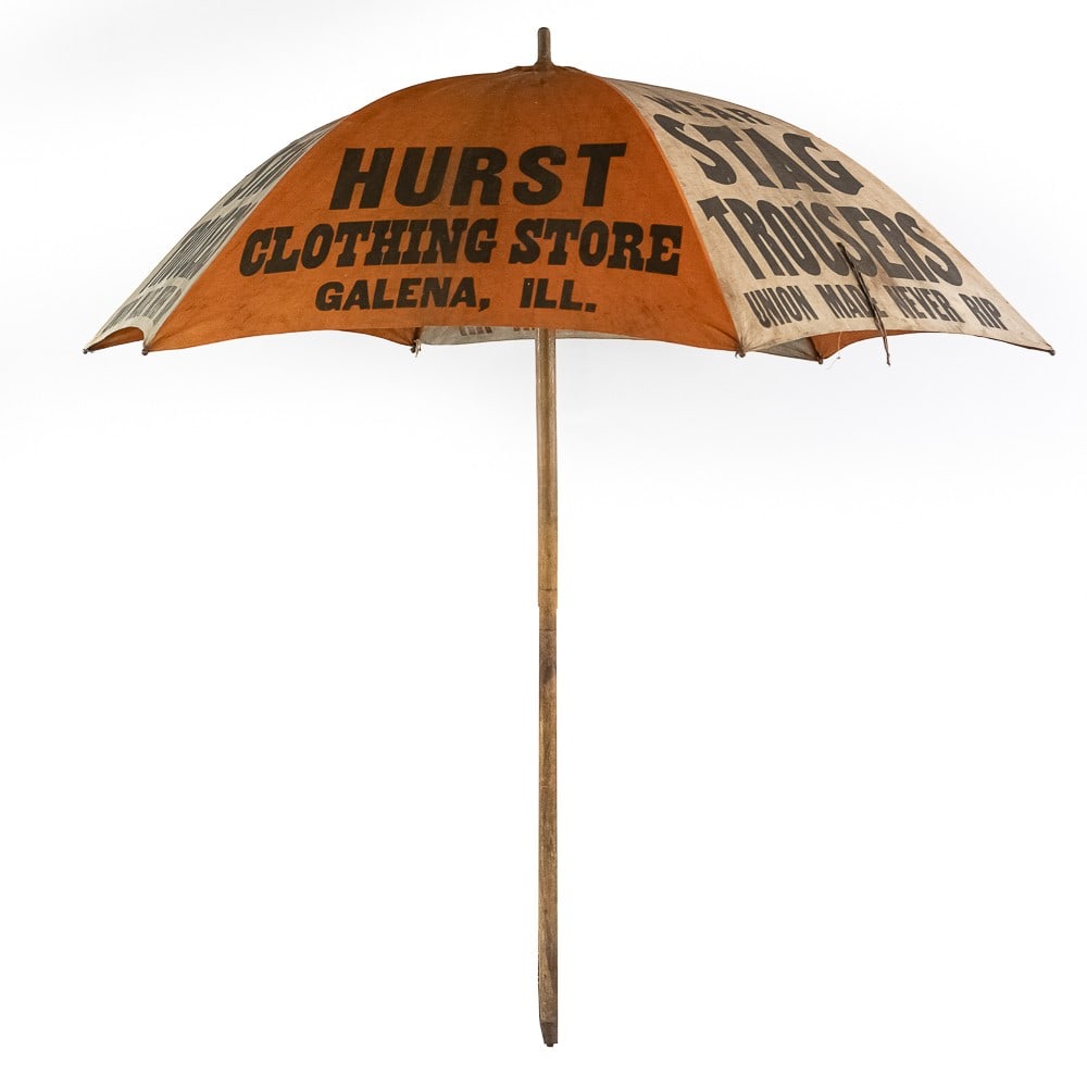 Early Advert Shade Umbrella for Stag Trousers: An incredible and rare survivor, this early 20th-century advertising parasol has fantastic graphic appeal. These large umbrellas were often used on farmers tractors for much needed shade, delivery wag