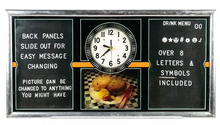 Vintage Cafe/Diner Menu Board with Spinner Clock: Great looking diner menu board with some snap on lettering, lite up by fluorescent tubes and working spinner style clock in center. Nice art deco look with clean, chrome trim surrounding all. Overall