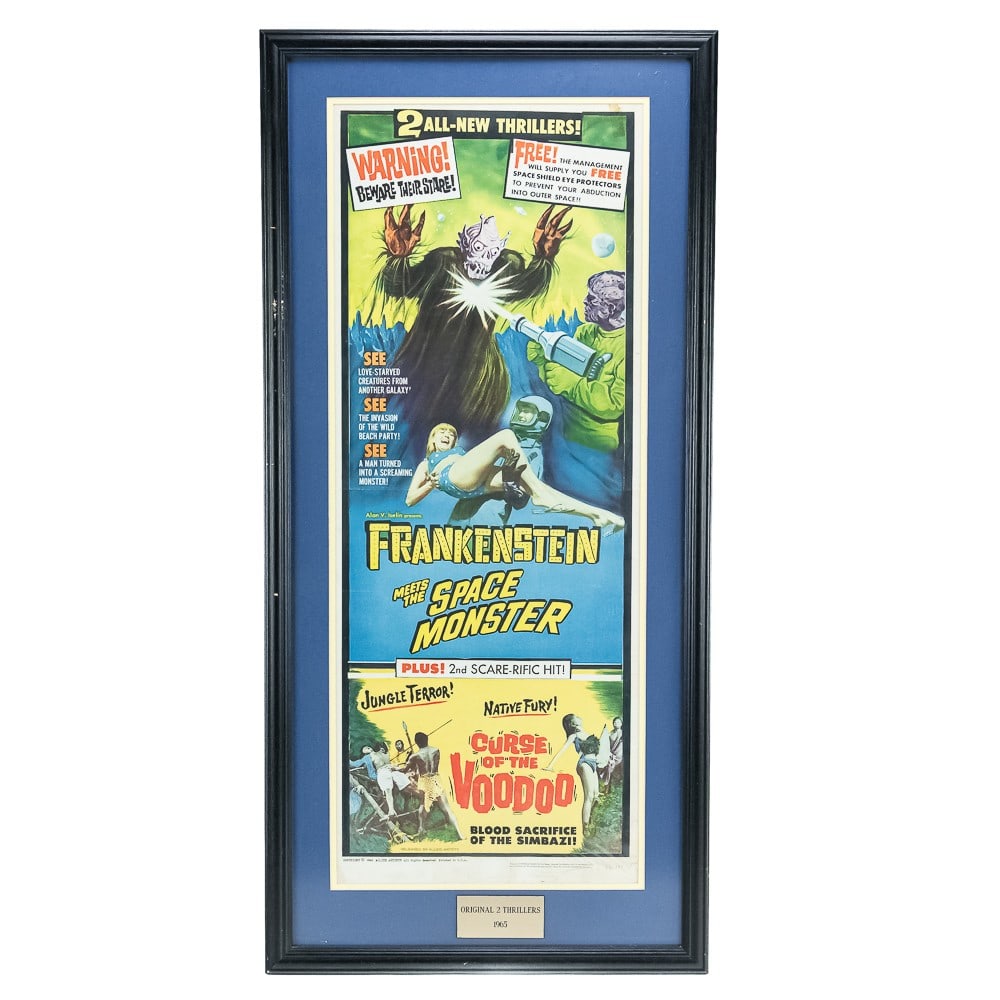 Framed Movie Poster Double Feature Frankenstein: "Frankenstein Meets the Space Monster" and "Curse of the Voodoo". Framed and matted behind plexiglass. Poster in good condition with normal shipping creases. A few light edge creases. Good color. Circ