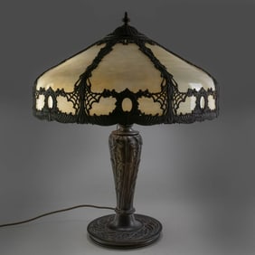Edwardian Slag Glass & Filigree Table Lamp
