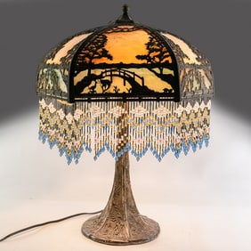 Slag Glass Lamp with Scenic Overlay & Fringe