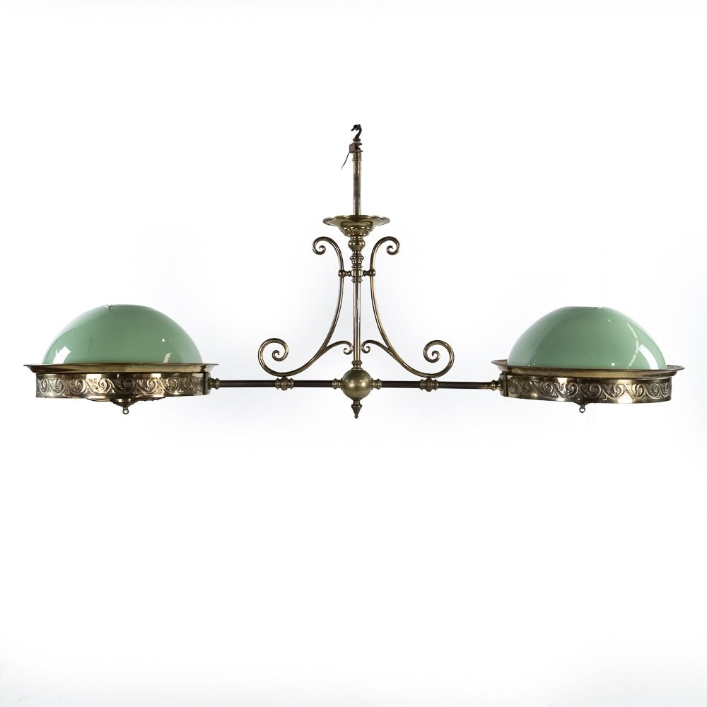 Large Brass 2 Arm Bar / Pool Table Light Fixture: Vintage brass 2 arm light fixture perfect to hang over a bar or pool table. Originally a gas light, it has been converted to electric. Has 2 - 18" diameter sea foam green cased glass shades. In overal