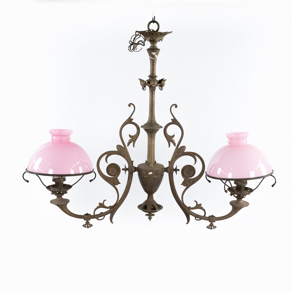 Large Brass 2 Arm Bar / Pool Table Light Fixture: Vintage solid cast brass ornate 2 arm light fixture perfect to hang over a bar or pool table. Has 2 15.5" pink cased glass shades. In overall good condition with no breaks or repairs to the castings.