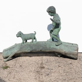 Monumental Bronze Boy & Dog on Log
