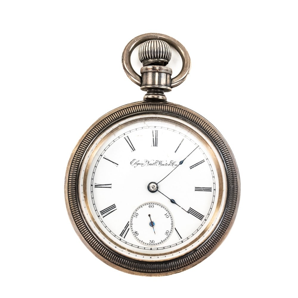 Elgin National Watch Co. Silver Railroad Watch: Eye catching Elgin National Watch Company 4997799 safety pinion porcelain face roman numeral pocket watch perfectly accented with teal hands and featured inside AW Co. Waltham coin silver (56164) rail