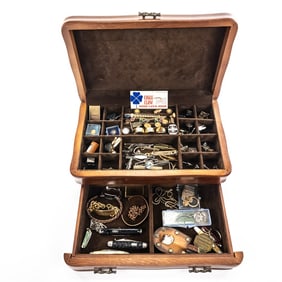 Vintage Jewelry Box w Rings Pins Tacs Knives &More