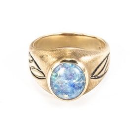 Ornate 10k Yellow Gold Opal Signet Ring Sized 10.5