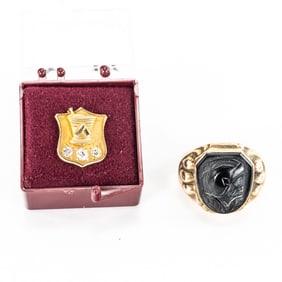 10k Gold Etched Onyx Centurion Signet Ring & Pin