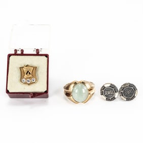 10k Brushed Yellow Gold Jade Signet Ring 10k Pin +