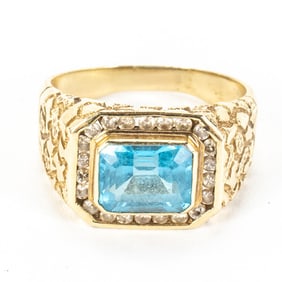 14k Gold Diamond Accented Blue Topaz Men's Ring