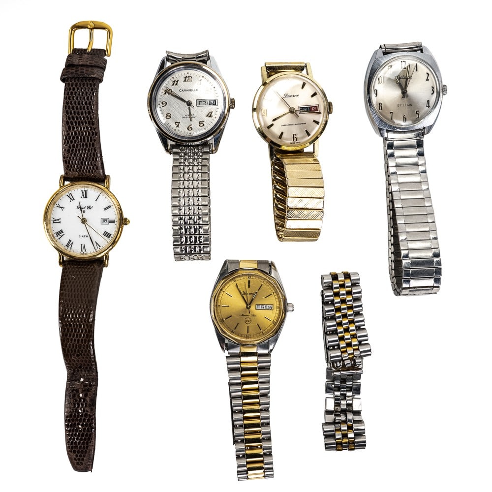 Men's Vintage Bulova Lucerne Elgin Watches: Collection features handsome Bulova Caravelle N7 17 Jewel mechanical wristwatch in very good working overall condition, Handsome gold tone Lucerne unbreakable mainspring swiss watch in very good overa