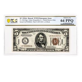 $5 1934-A Hawaii WWII Emergency Issue FRN 64PPQ