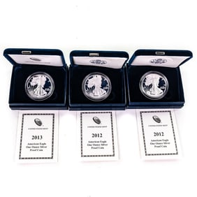 (2) 2012 & 2013 Proof American Eagle Silver Dollar